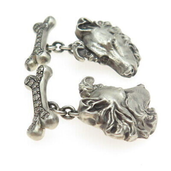 925 Sterling Silver Vintage Real Round-Cut Champagne Diamond Sheltie Cufflinks - Picture 5 of 7